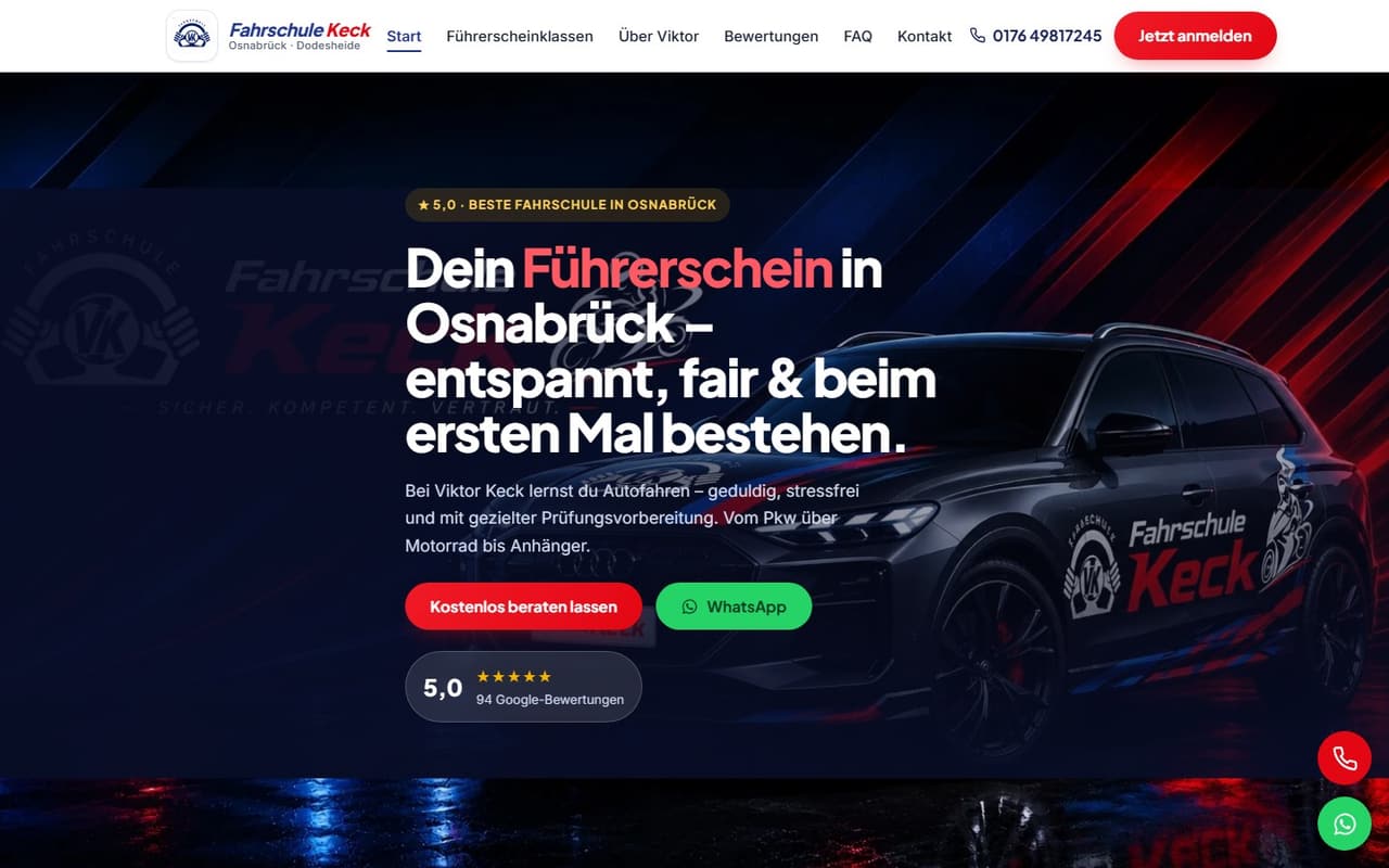 Fahrschule Keck Website – Startseite mit Hero, Bewertungen und Kontaktformular