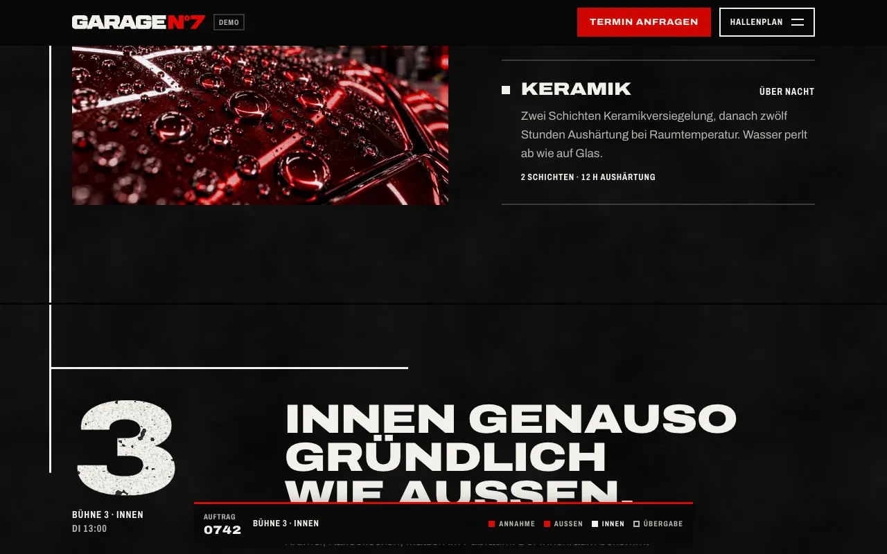 Abschnitt der Demo Garage N°7 mit Bildern aus der Halle und der Innenraumreinigung