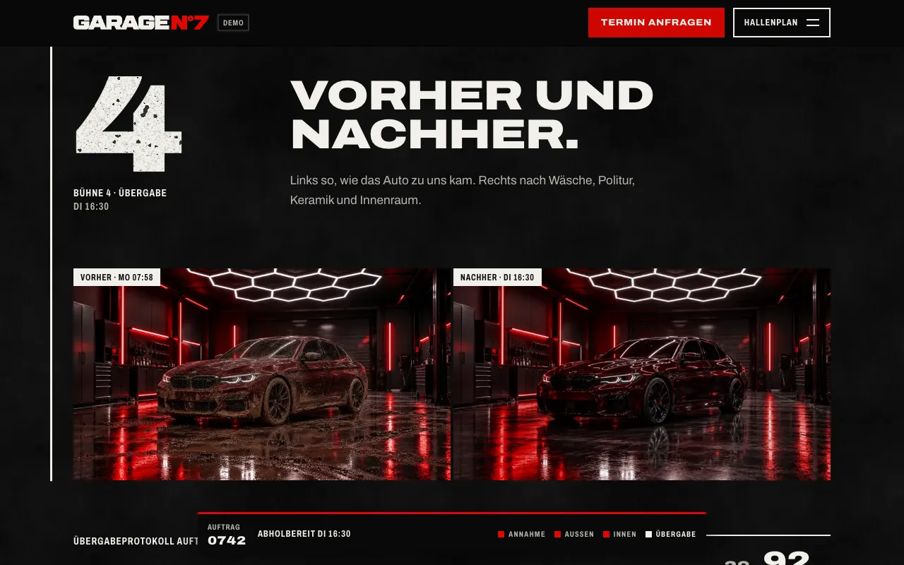 Abschnitt der Demo Garage N°7 mit Kennzahlen zum Auftrag und den Paketen