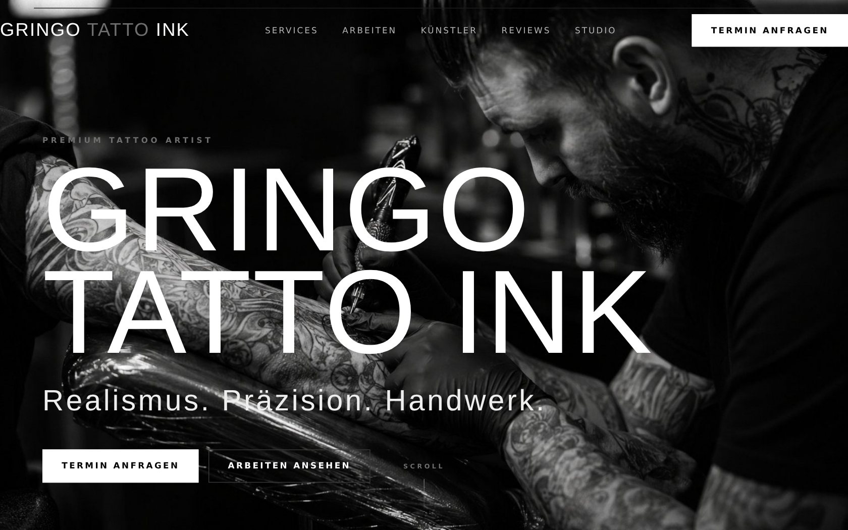 Startseite der GRINGO TATTO INK Website – dunkles Editorial-Design mit großer Tattoo-Fotografie