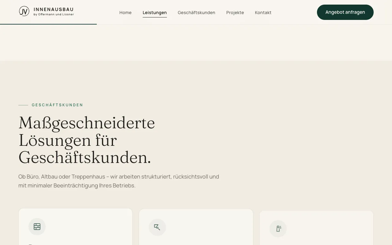 Abschnitt der Website von JV Innenausbau