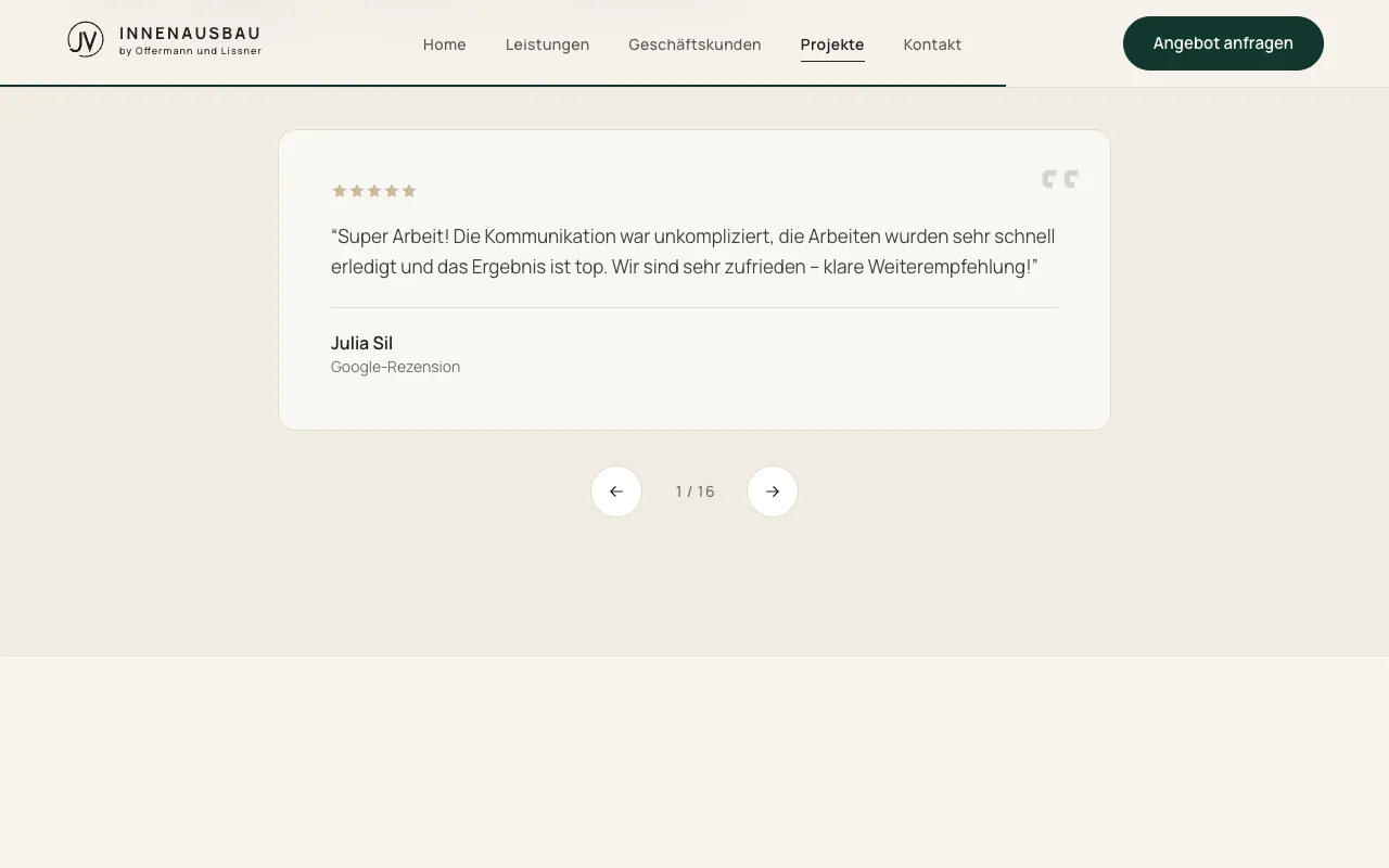 Abschnitt der Website von JV Innenausbau