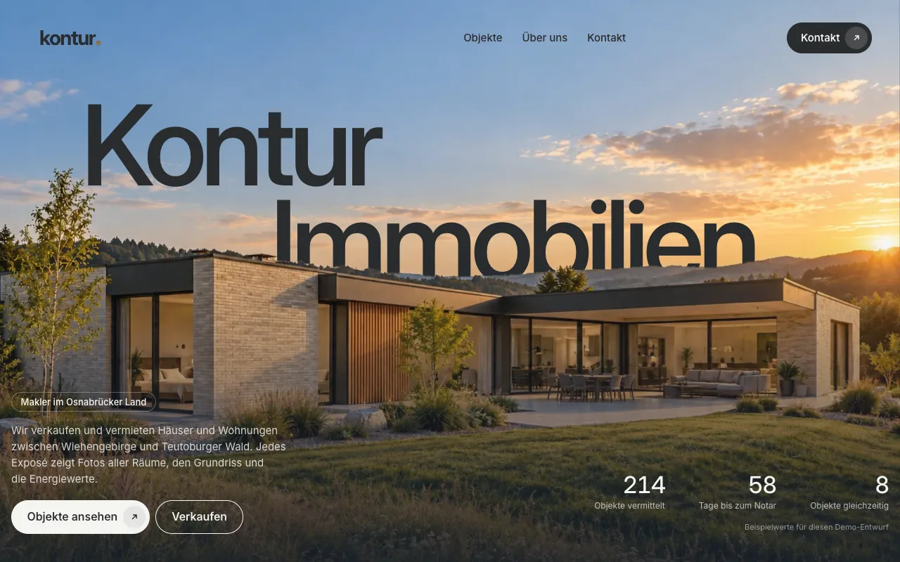 Startseite der Demo Kontur Immobilien mit Haus in der Abendsonne