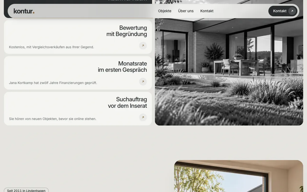 Abschnitt der Demo Kontur Immobilien mit Objektdaten und Leistungen