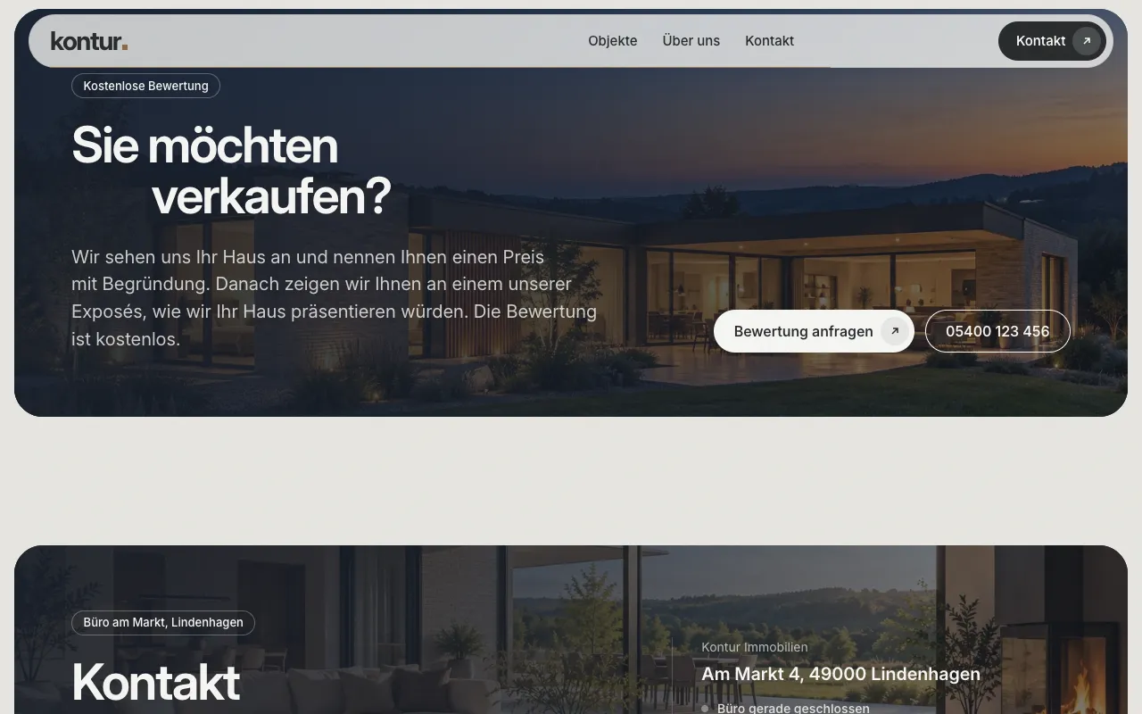 Abschnitt Über uns der Demo Kontur Immobilien mit Foto und Arbeitsweise