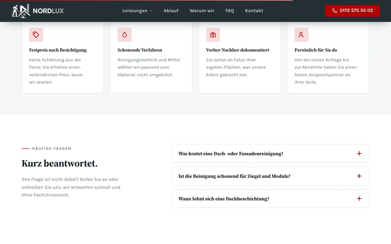 Abschnitt der Website von Nordlux Dach & Fassade