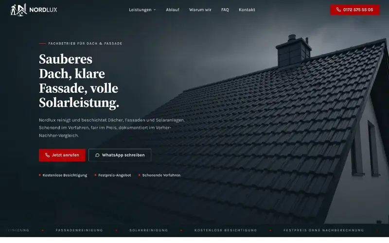 Startseite von nordlux-dachfassade.de mit der Überschrift „Sauberes Dach, klare Fassade, volle Solarleistung“