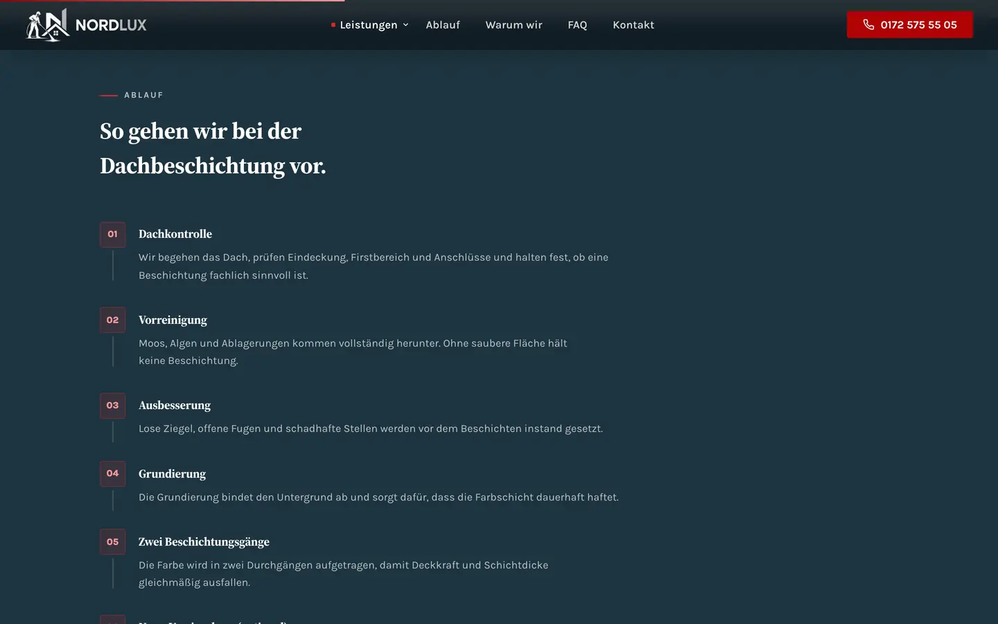 Leistungsseite Dachbeschichtung: nummerierter Ablauf von der Dachkontrolle über Vorreinigung und Ausbesserung bis zu zwei Beschichtungsgängen