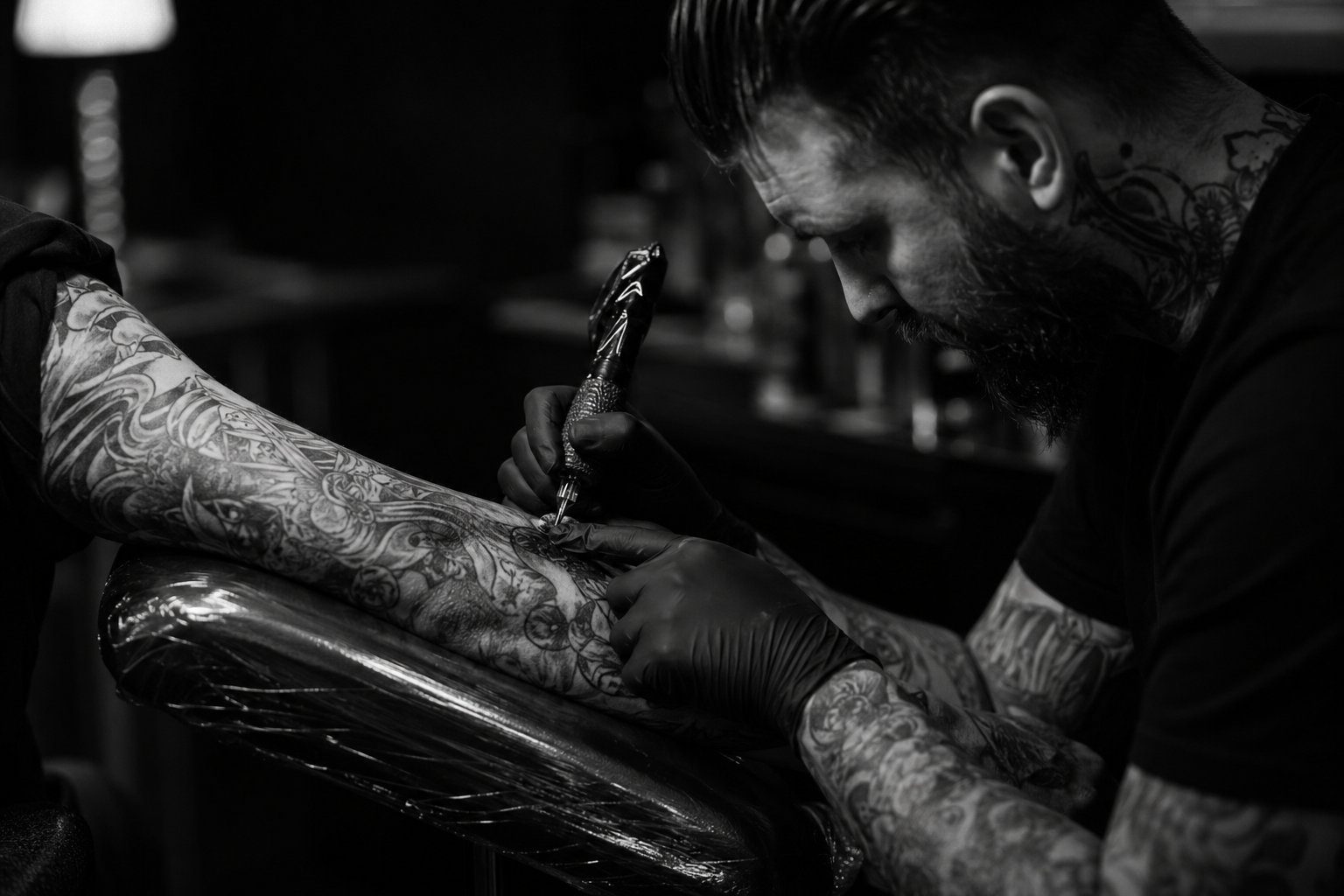 Tätowierer bei der Arbeit an einem detaillierten Sleeve im GRINGO TATTO INK Studio
