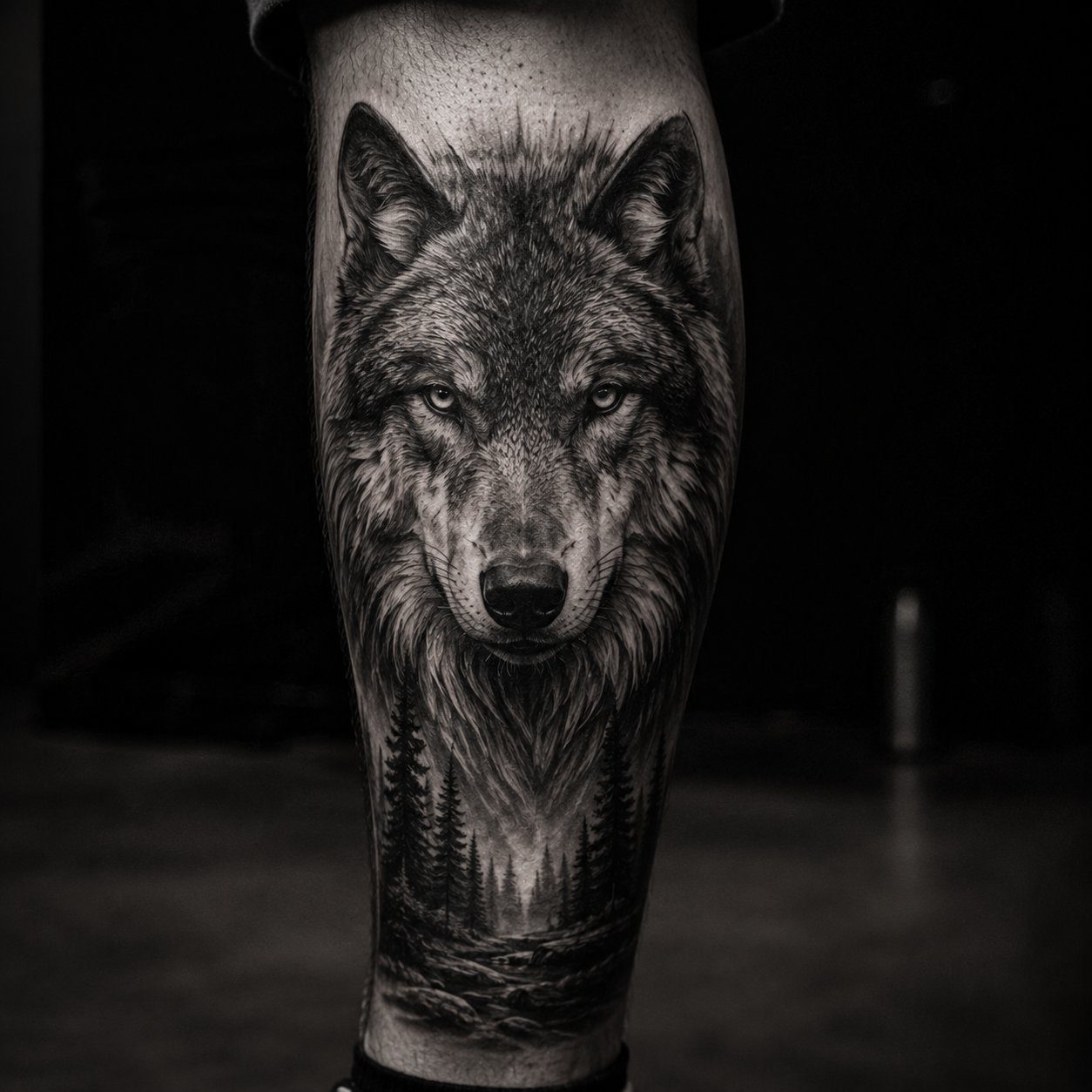 Realistisches Wolf-Tattoo am Bein